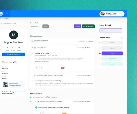 Historial de actividad completo de clientes en Turing CRM